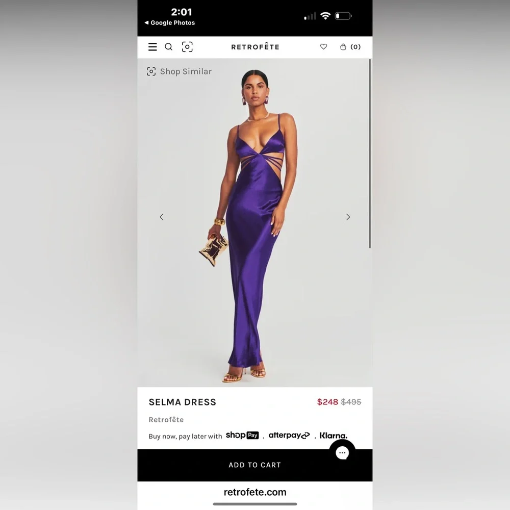 Retrofete Selma Slinky Satin Purple Cutout Low Cut Maxi Gown Size Small